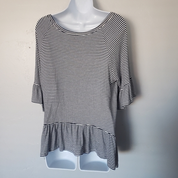7th Ray Black & White Striped Blouse Quarter Sleeve Ruffle Soft Strechy Top - Picture 3 of 6